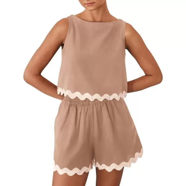 imageBTFBM Women Two Piece Summer Set Ric Rac Trim Tank Crop Top Pocketed Shorts Beach Vacation 2 Piece Lounge Matching SetsSolid Khaki