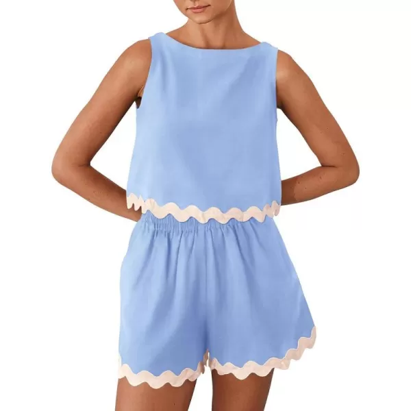 imageBTFBM Women Two Piece Summer Set Ric Rac Trim Tank Crop Top Pocketed Shorts Beach Vacation 2 Piece Lounge Matching SetsSolid Sky Blue