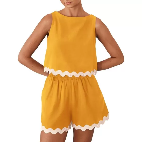 imageBTFBM Women Two Piece Summer Set Ric Rac Trim Tank Crop Top Pocketed Shorts Beach Vacation 2 Piece Lounge Matching SetsSolid Yellow