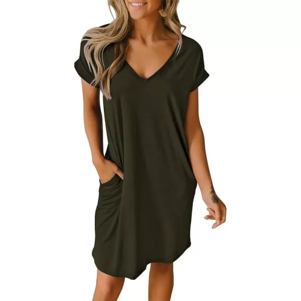 imageBTFBM Women VNeck Short Sleeve Summer Dresses 2023 Spring Casual Loose TShirt Tunic Short Dress Pajamas with PocketsArmy Green