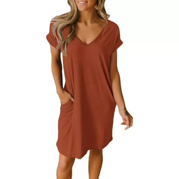 imageBTFBM Women VNeck Short Sleeve Summer Dresses 2023 Spring Casual Loose TShirt Tunic Short Dress Pajamas with PocketsBrick Red