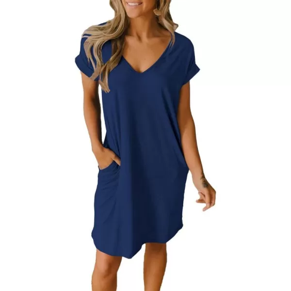 imageBTFBM Women VNeck Short Sleeve Summer Dresses 2023 Spring Casual Loose TShirt Tunic Short Dress Pajamas with PocketsDark Blue