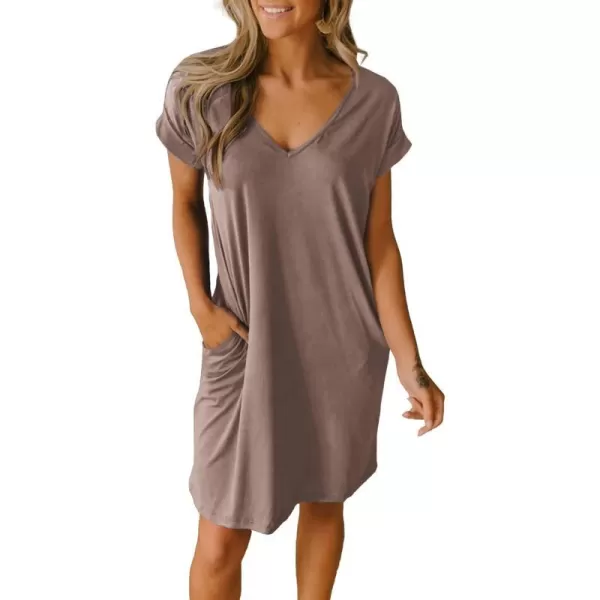 imageBTFBM Women VNeck Short Sleeve Summer Dresses 2023 Spring Casual Loose TShirt Tunic Short Dress Pajamas with PocketsDark Khaki