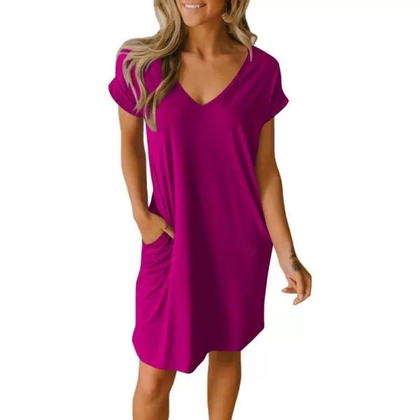 imageBTFBM Women VNeck Short Sleeve Summer Dresses 2023 Spring Casual Loose TShirt Tunic Short Dress Pajamas with PocketsDark Purple Red