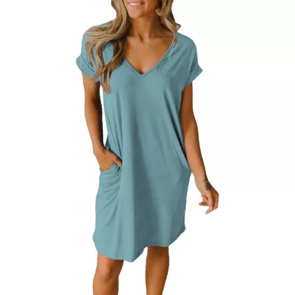 imageBTFBM Women VNeck Short Sleeve Summer Dresses 2023 Spring Casual Loose TShirt Tunic Short Dress Pajamas with PocketsGrey Blue