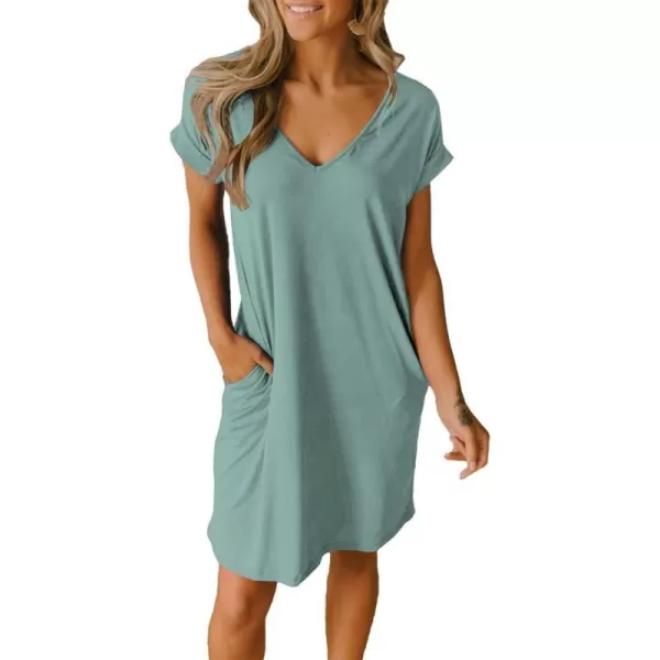 imageBTFBM Women VNeck Short Sleeve Summer Dresses 2023 Spring Casual Loose TShirt Tunic Short Dress Pajamas with PocketsGrey Green