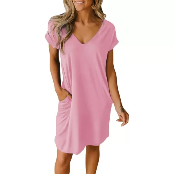 imageBTFBM Women VNeck Short Sleeve Summer Dresses 2023 Spring Casual Loose TShirt Tunic Short Dress Pajamas with PocketsLight Pink
