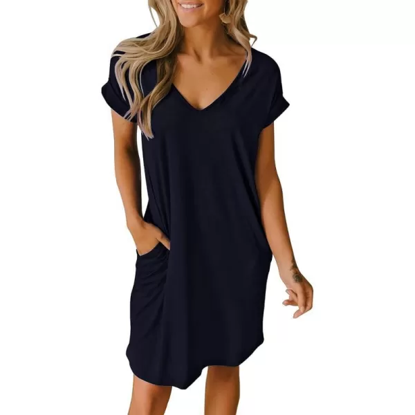 imageBTFBM Women VNeck Short Sleeve Summer Dresses 2023 Spring Casual Loose TShirt Tunic Short Dress Pajamas with PocketsNavy