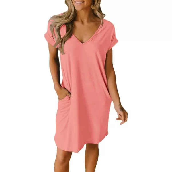 imageBTFBM Women VNeck Short Sleeve Summer Dresses 2023 Spring Casual Loose TShirt Tunic Short Dress Pajamas with PocketsPink