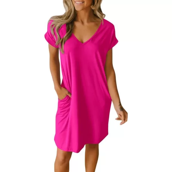 imageBTFBM Women VNeck Short Sleeve Summer Dresses 2023 Spring Casual Loose TShirt Tunic Short Dress Pajamas with PocketsRose Pink