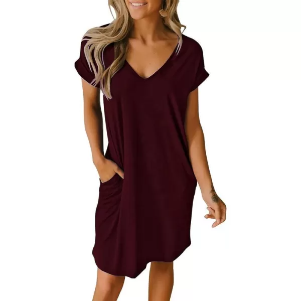 imageBTFBM Women VNeck Short Sleeve Summer Dresses 2023 Spring Casual Loose TShirt Tunic Short Dress Pajamas with PocketsWine Red