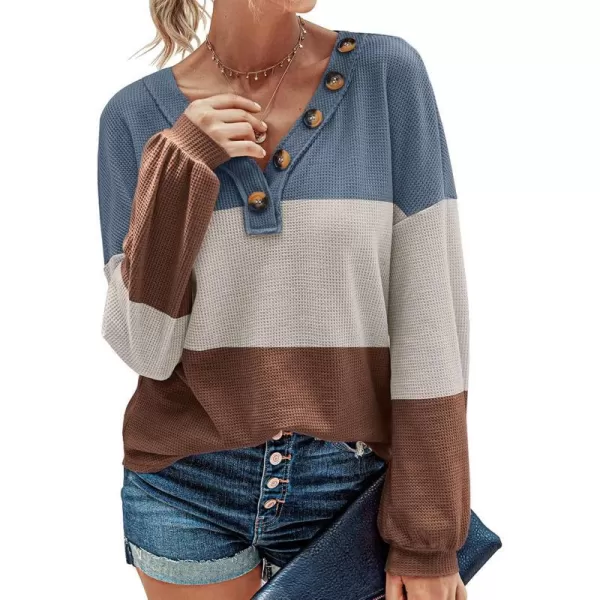 imageBTFBM Women Waffle Knit Shirts VNeck Long Sleeve Casual Slouchy Loose Blouses Plain Faux Button Lightweight PulloverStripe Blue
