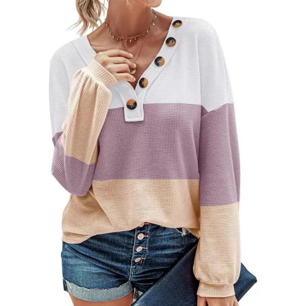 imageBTFBM Women Waffle Knit Shirts VNeck Long Sleeve Casual Slouchy Loose Blouses Plain Faux Button Lightweight PulloverStripe White
