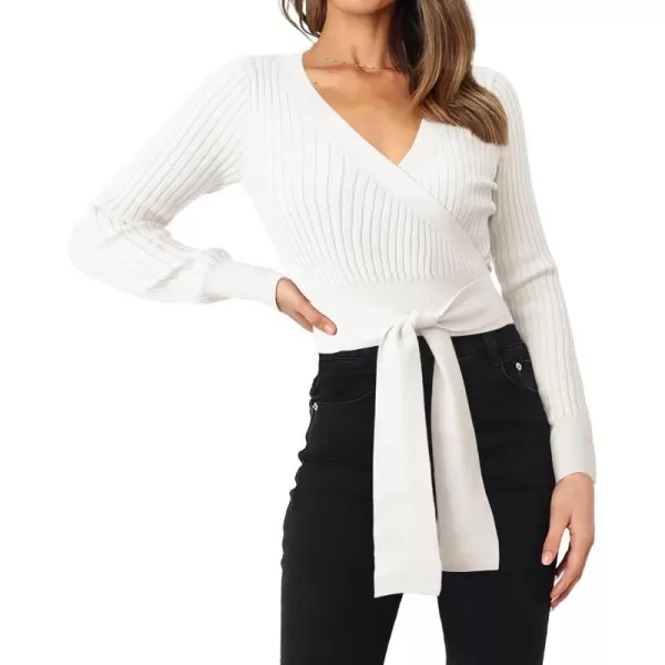 imageBTFBM Women Wrap Deep V Neck Cropped Sweaters Long Sleeve High Waist Tie Front Slim Fit Ribbed Knit Pullover Sweater TopSolid Beige White