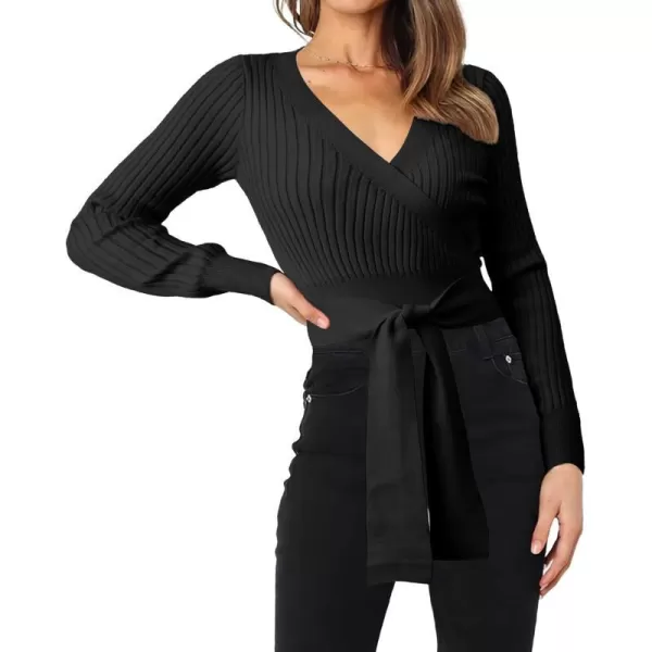 imageBTFBM Women Wrap Deep V Neck Cropped Sweaters Long Sleeve High Waist Tie Front Slim Fit Ribbed Knit Pullover Sweater TopSolid Black