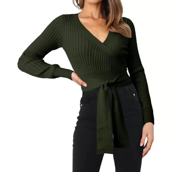 imageBTFBM Women Wrap Deep V Neck Cropped Sweaters Long Sleeve High Waist Tie Front Slim Fit Ribbed Knit Pullover Sweater TopSolid Dark Army Green