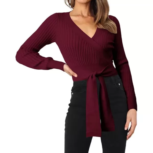 imageBTFBM Women Wrap Deep V Neck Cropped Sweaters Long Sleeve High Waist Tie Front Slim Fit Ribbed Knit Pullover Sweater TopSolid Dark Wine Red