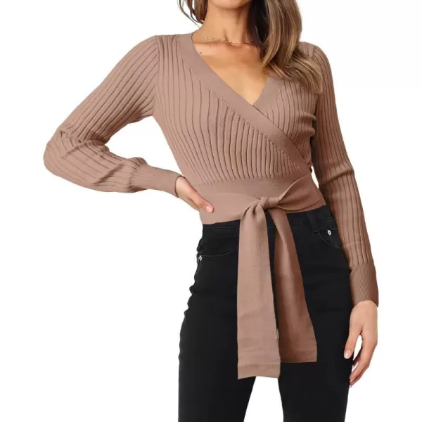 imageBTFBM Women Wrap Deep V Neck Cropped Sweaters Long Sleeve High Waist Tie Front Slim Fit Ribbed Knit Pullover Sweater TopSolid Khaki