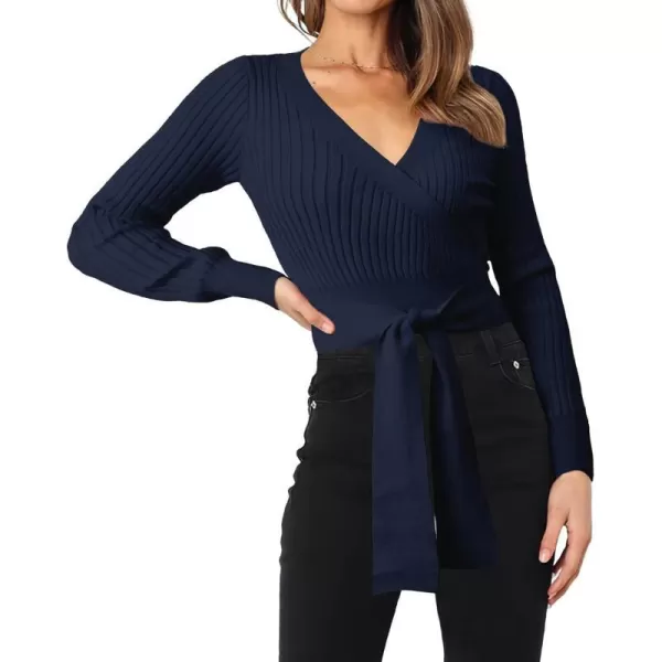 imageBTFBM Women Wrap Deep V Neck Cropped Sweaters Long Sleeve High Waist Tie Front Slim Fit Ribbed Knit Pullover Sweater TopSolid Navy