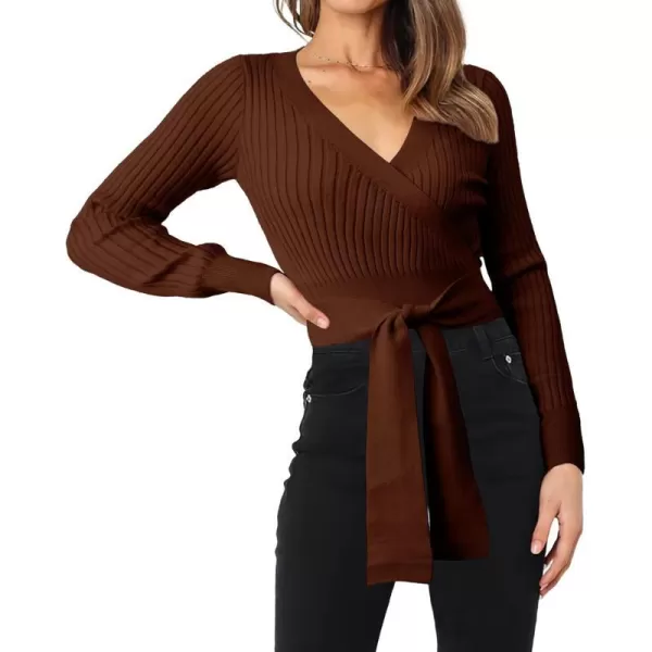 imageBTFBM Women Wrap Deep V Neck Cropped Sweaters Long Sleeve High Waist Tie Front Slim Fit Ribbed Knit Pullover Sweater TopSolid Red Brown