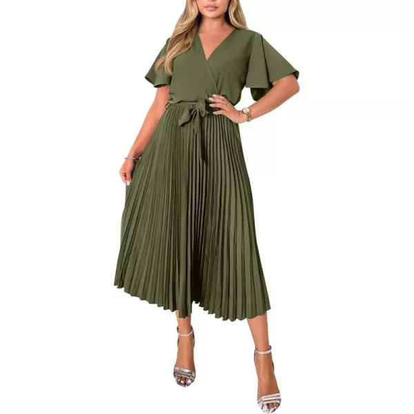 imageBTFBM Women Wrap V Neck Casual Summer Dresses 2023 Short Sleeve Satin Tie Waist Pleated Flowy Wedding Guest Midi DressSolid Army Green
