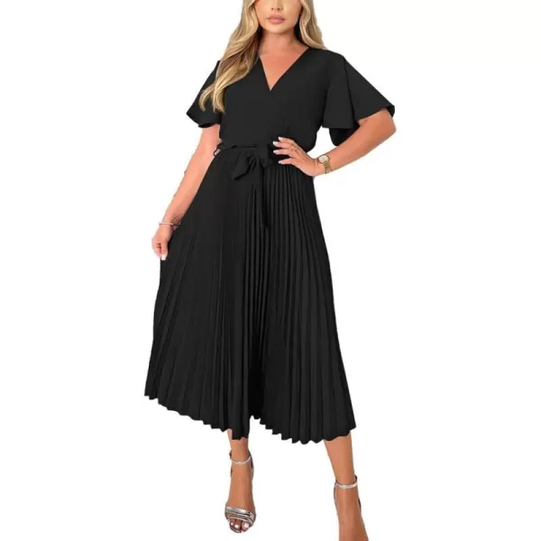 imageBTFBM Women Wrap V Neck Casual Summer Dresses 2023 Short Sleeve Satin Tie Waist Pleated Flowy Wedding Guest Midi DressSolid Black