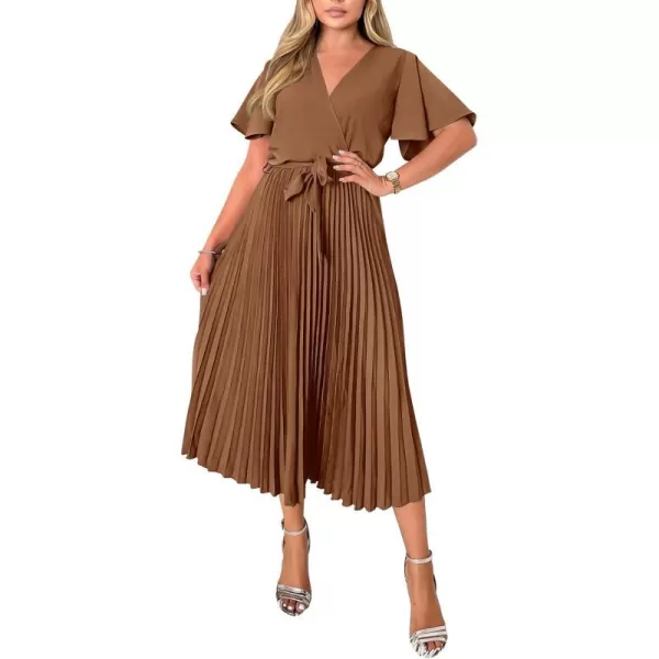 imageBTFBM Women Wrap V Neck Casual Summer Dresses 2023 Short Sleeve Satin Tie Waist Pleated Flowy Wedding Guest Midi DressSolid Caramel