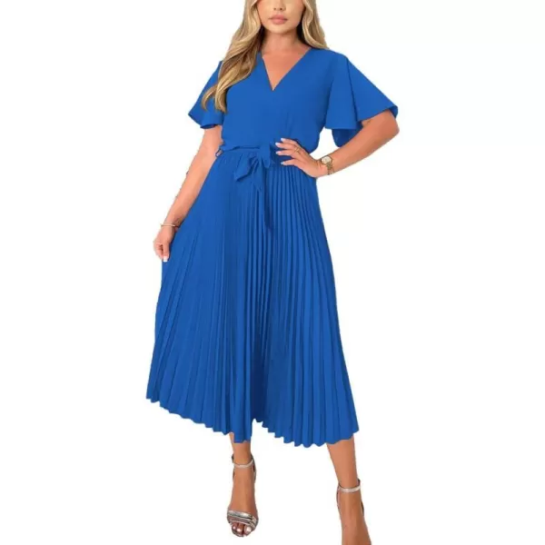 imageBTFBM Women Wrap V Neck Casual Summer Dresses 2023 Short Sleeve Satin Tie Waist Pleated Flowy Wedding Guest Midi DressSolid Dark Blue