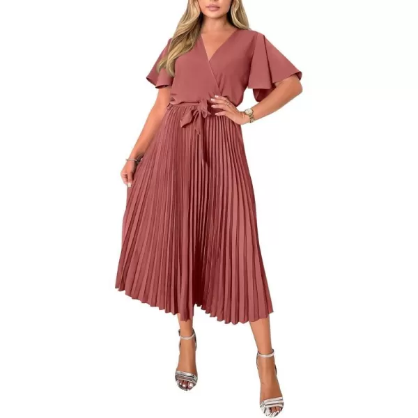 imageBTFBM Women Wrap V Neck Casual Summer Dresses 2023 Short Sleeve Satin Tie Waist Pleated Flowy Wedding Guest Midi DressSolid Dusty Pink