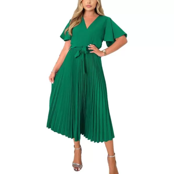 imageBTFBM Women Wrap V Neck Casual Summer Dresses 2023 Short Sleeve Satin Tie Waist Pleated Flowy Wedding Guest Midi DressSolid Green