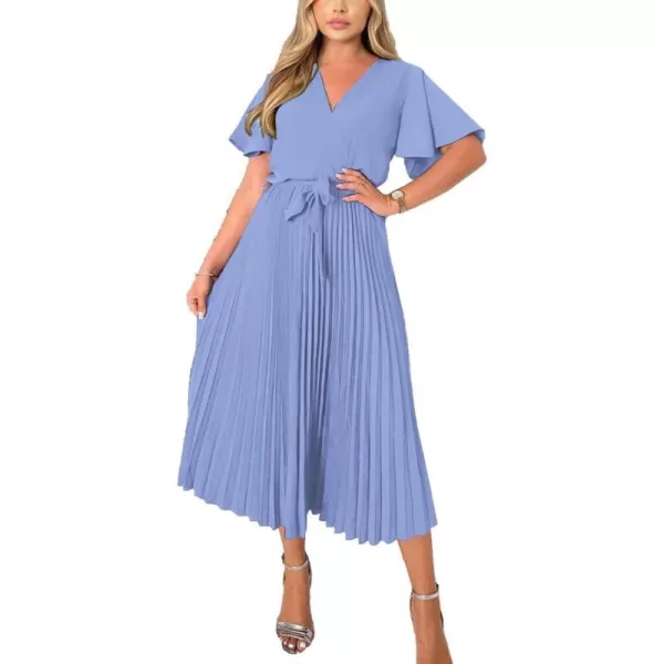imageBTFBM Women Wrap V Neck Casual Summer Dresses 2023 Short Sleeve Satin Tie Waist Pleated Flowy Wedding Guest Midi DressSolid Light Blue