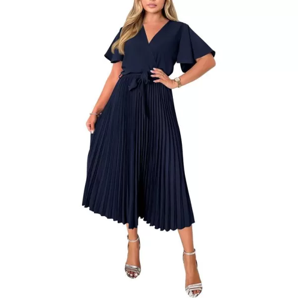 imageBTFBM Women Wrap V Neck Casual Summer Dresses 2023 Short Sleeve Satin Tie Waist Pleated Flowy Wedding Guest Midi DressSolid Navy