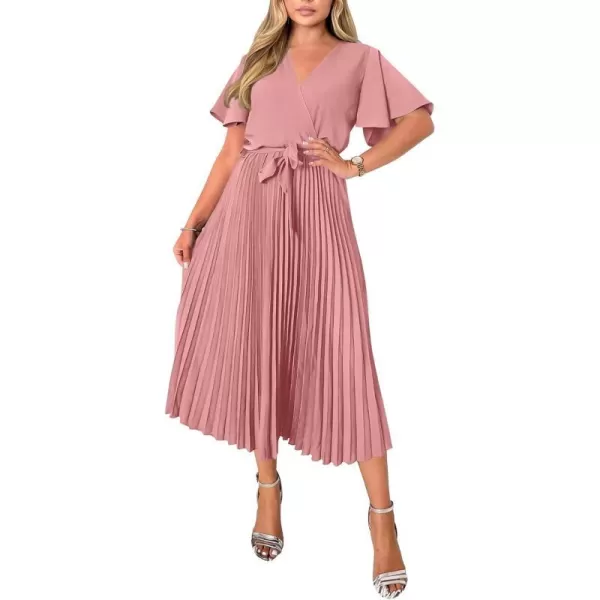 imageBTFBM Women Wrap V Neck Casual Summer Dresses 2023 Short Sleeve Satin Tie Waist Pleated Flowy Wedding Guest Midi DressSolid Pink