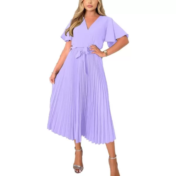 imageBTFBM Women Wrap V Neck Casual Summer Dresses 2023 Short Sleeve Satin Tie Waist Pleated Flowy Wedding Guest Midi DressSolid Purple
