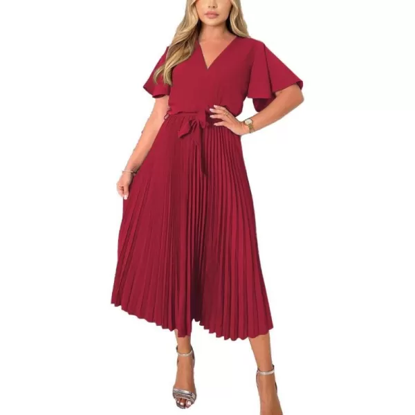 imageBTFBM Women Wrap V Neck Casual Summer Dresses 2023 Short Sleeve Satin Tie Waist Pleated Flowy Wedding Guest Midi DressSolid Red