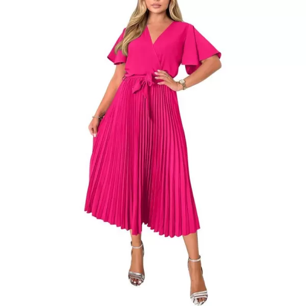 imageBTFBM Women Wrap V Neck Casual Summer Dresses 2023 Short Sleeve Satin Tie Waist Pleated Flowy Wedding Guest Midi DressSolid Rose Red