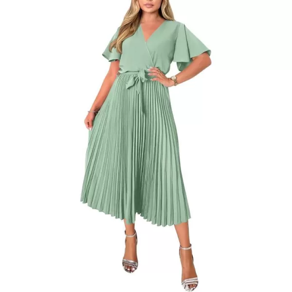 imageBTFBM Women Wrap V Neck Casual Summer Dresses 2023 Short Sleeve Satin Tie Waist Pleated Flowy Wedding Guest Midi DressSolid Tender Green