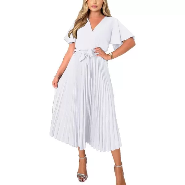 imageBTFBM Women Wrap V Neck Casual Summer Dresses 2023 Short Sleeve Satin Tie Waist Pleated Flowy Wedding Guest Midi DressSolid White