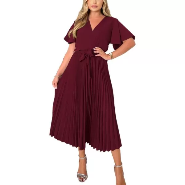 imageBTFBM Women Wrap V Neck Casual Summer Dresses 2023 Short Sleeve Satin Tie Waist Pleated Flowy Wedding Guest Midi DressSolid Wine Red