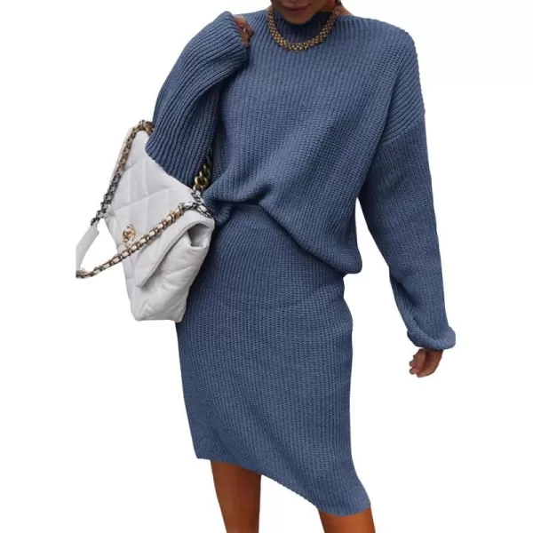 imageBTFBM Womens 2 Piece Skirts Outfits Long Sleeve Knit Pullover Split Bodycon Midi Skirt Fall Winter Sweater Dresses SetSolid Grey Blue