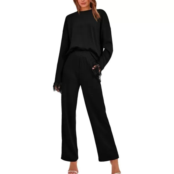 imageBTFBM Womens 2 Piece Sweatsuit Outfits Feather Trim Long Sleeve Pullover Wide Leg Pants Casual Tracksuits Lounge SetsSolid Black