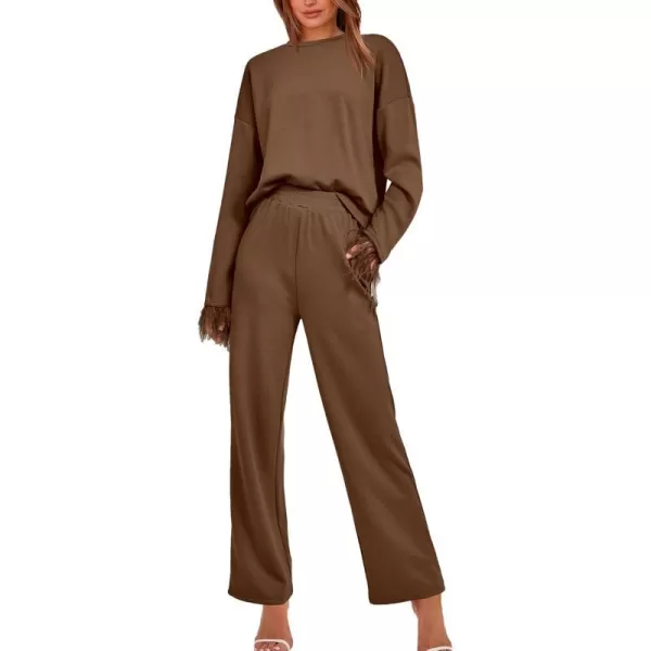 imageBTFBM Womens 2 Piece Sweatsuit Outfits Feather Trim Long Sleeve Pullover Wide Leg Pants Casual Tracksuits Lounge SetsSolid Dark Brown