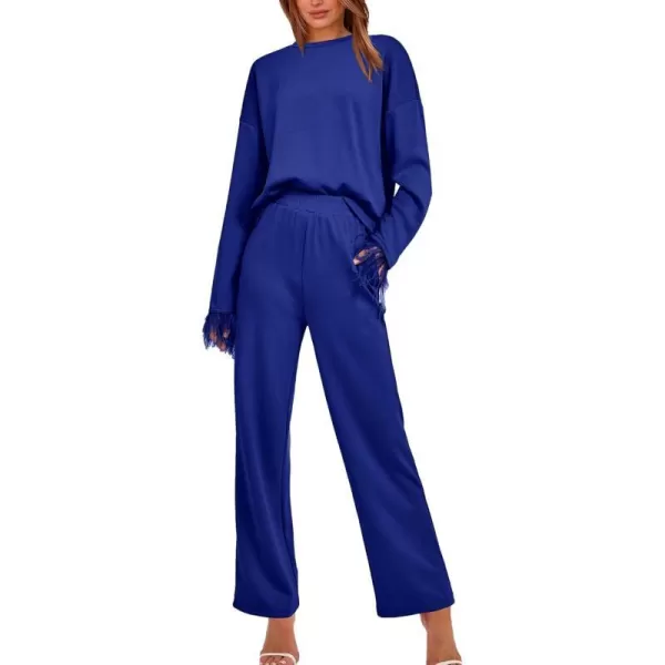 imageBTFBM Womens 2 Piece Sweatsuit Outfits Feather Trim Long Sleeve Pullover Wide Leg Pants Casual Tracksuits Lounge SetsSolid Royal Blue