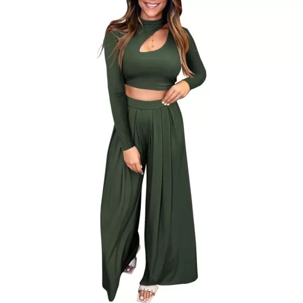 imageBTFBM Womens 2 Piece Tracksuit Outfits Cutout Long Sleeve Crop Top Wide Leg Pant Ribbed Knit Sweatsuits Yoga Lounge SetSolid Army Green