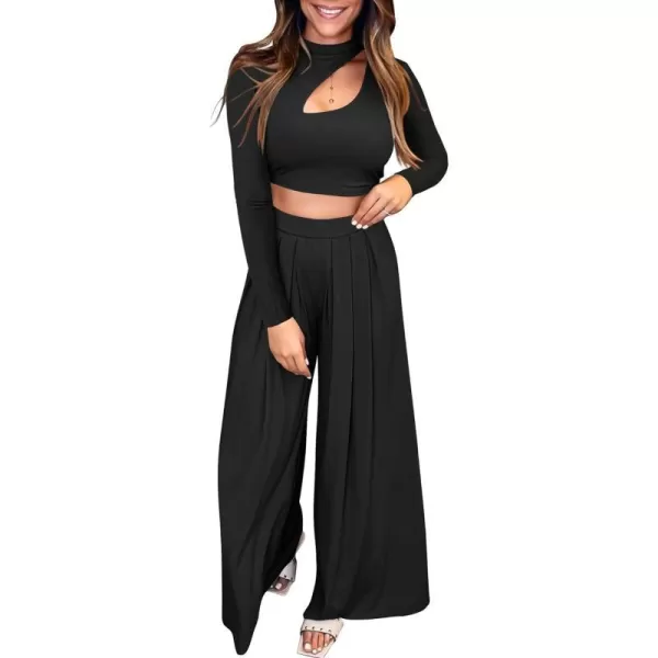 imageBTFBM Womens 2 Piece Tracksuit Outfits Cutout Long Sleeve Crop Top Wide Leg Pant Ribbed Knit Sweatsuits Yoga Lounge SetSolid Black