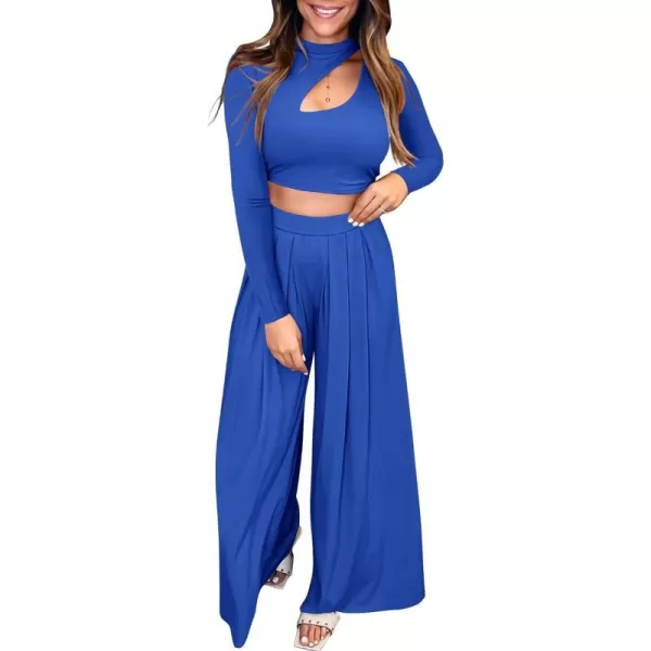 imageBTFBM Womens 2 Piece Tracksuit Outfits Cutout Long Sleeve Crop Top Wide Leg Pant Ribbed Knit Sweatsuits Yoga Lounge SetSolid Blue