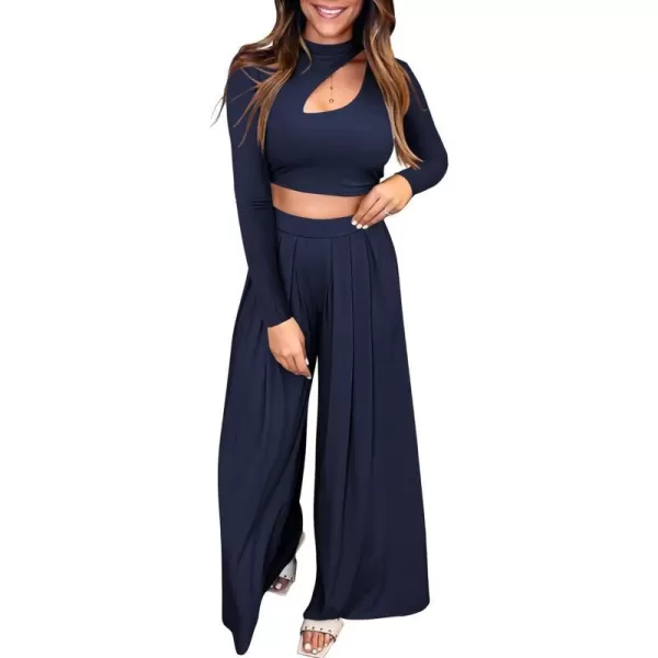 imageBTFBM Womens 2 Piece Tracksuit Outfits Cutout Long Sleeve Crop Top Wide Leg Pant Ribbed Knit Sweatsuits Yoga Lounge SetSolid Navy