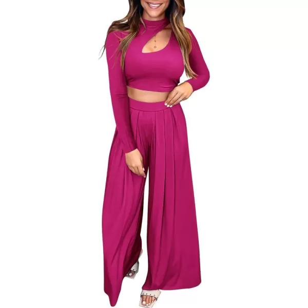 imageBTFBM Womens 2 Piece Tracksuit Outfits Cutout Long Sleeve Crop Top Wide Leg Pant Ribbed Knit Sweatsuits Yoga Lounge SetSolid Rose Red