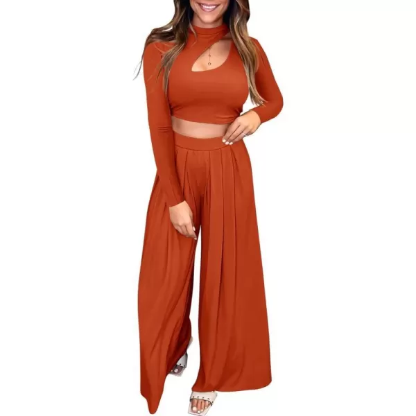 imageBTFBM Womens 2 Piece Tracksuit Outfits Cutout Long Sleeve Crop Top Wide Leg Pant Ribbed Knit Sweatsuits Yoga Lounge SetSolid Rust Red
