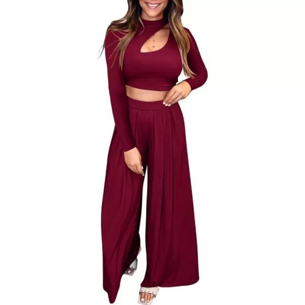 imageBTFBM Womens 2 Piece Tracksuit Outfits Cutout Long Sleeve Crop Top Wide Leg Pant Ribbed Knit Sweatsuits Yoga Lounge SetSolid Wine Red